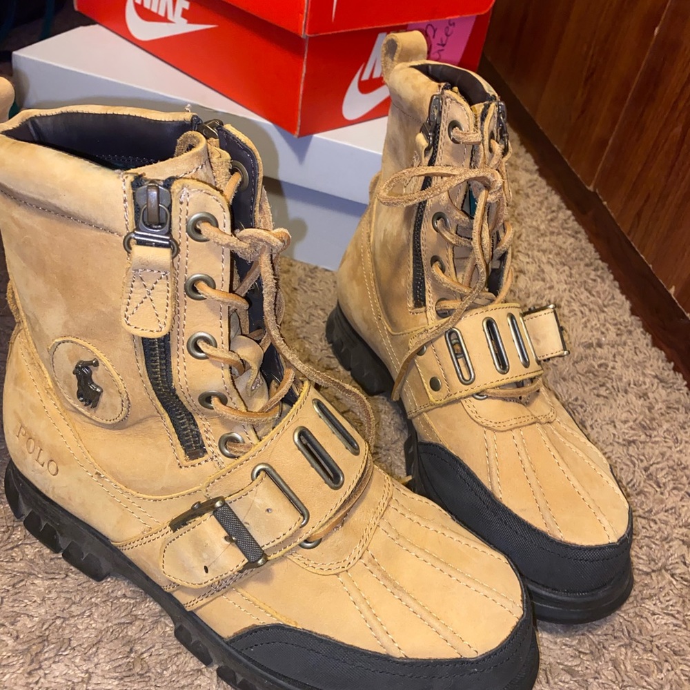 Polo Ralph Lauren Andres III Brown Leather Lace Up Size Zip Boots Shoes